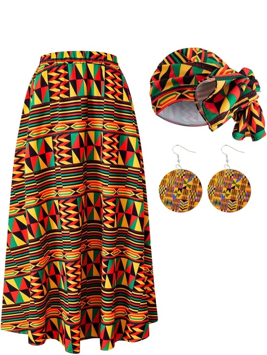 Dresses & Skirts - Women African Maxi Skirt Casual Stretch Head Wrap Scarf Drop Dangle Earrings